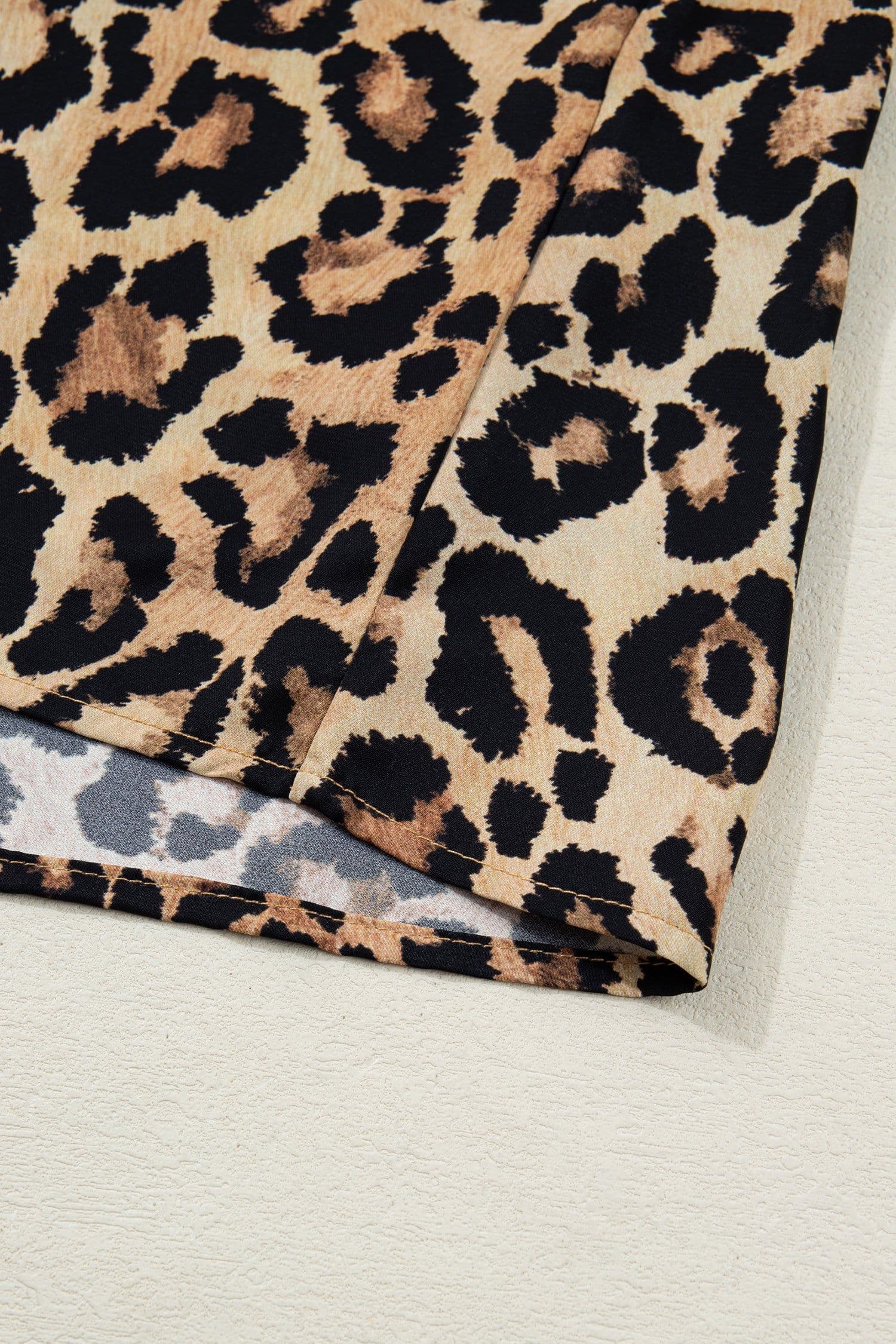 image-Brown Wild Leopard Print Contrast Striped Frilled Trim Chic Shirt