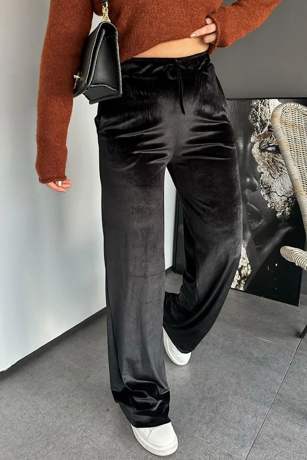 image-Black Shiny Velvet Drawstring High Waist Straight Leg Casual Pants