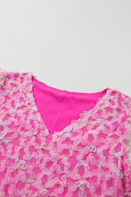 image-Bonbon Flowery Mesh Puff Sleeve Blouse - V-Neck