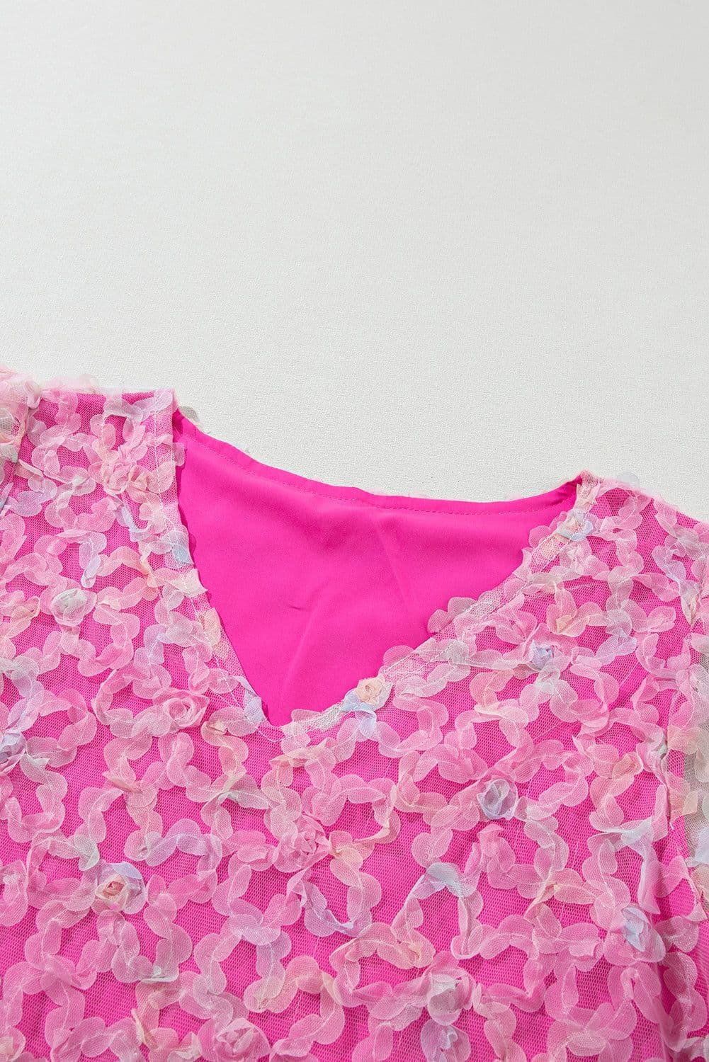 image-Bonbon Flowery Mesh Puff Sleeve Blouse - V-Neck