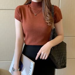 image-Half Turtleneck Half-Sleeve Sweater Women's Summer Bottoming Cored Yarn Sweater Slim Fit Slimming and Short Vest Tops Outerwear