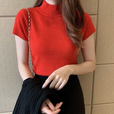 image-Half Turtleneck Half-Sleeve Sweater Women's Summer Bottoming Cored Yarn Sweater Slim Fit Slimming and Short Vest Tops Outerwear