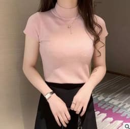 image-Half Turtleneck Half-Sleeve Sweater Women's Summer Bottoming Cored Yarn Sweater Slim Fit Slimming and Short Vest Tops Outerwear