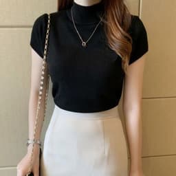 image-Half Turtleneck Half-Sleeve Sweater Women's Summer Bottoming Cored Yarn Sweater Slim Fit Slimming and Short Vest Tops Outerwear