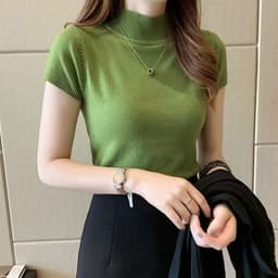 image-Half Turtleneck Half-Sleeve Sweater Women's Summer Bottoming Cored Yarn Sweater Slim Fit Slimming and Short Vest Tops Outerwear