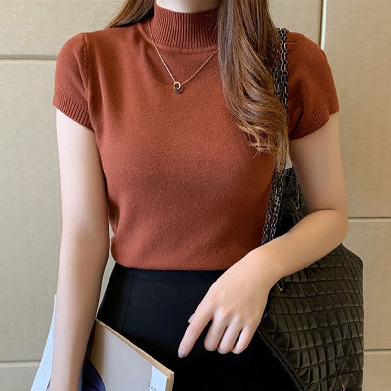 image-Half Turtleneck Half-Sleeve Sweater Women's Summer Bottoming Cored Yarn Sweater Slim Fit Slimming and Short Vest Tops Outerwear