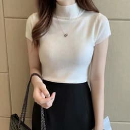 image-Half Turtleneck Half-Sleeve Sweater Women's Summer Bottoming Cored Yarn Sweater Slim Fit Slimming and Short Vest Tops Outerwear
