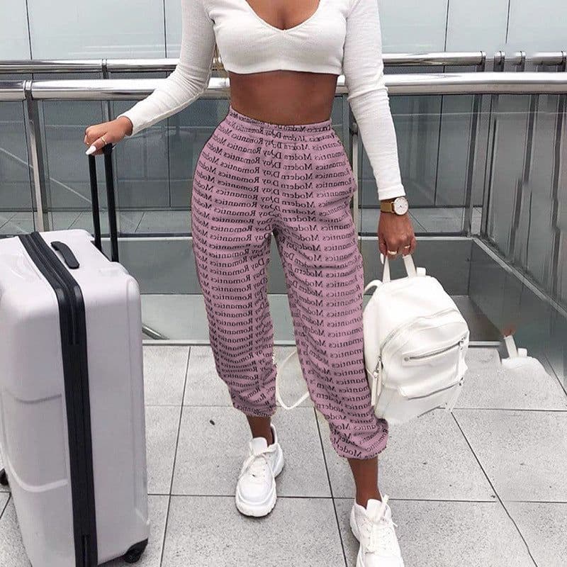 image-Cross-border European and American street printing casual pants 2020 INS new letter printing bandage tightening belt foreign trade models