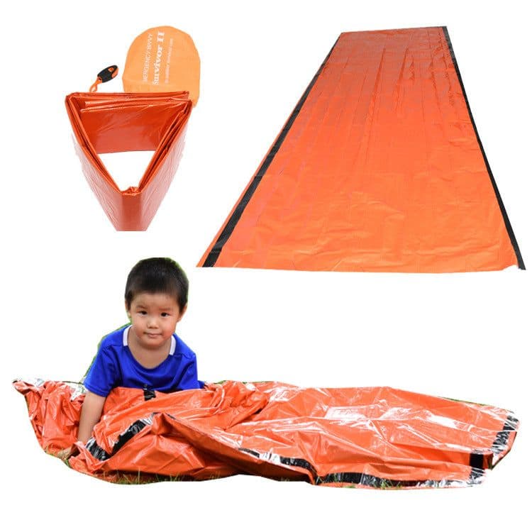 image-Cross-border supply of new customized PE sleeping bag, thermal insulation, waterproof and sunscreen silent camping outdoor orange emergency sleeping bag