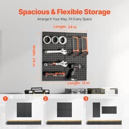 image-VEVOR Metal Pegboard Panels, 24" x 12" Pegboard, 2 Panels, Heavy Duty Peg Board Wall Organizer with Accessories, for Living Room Garage Tool Storage Office Organization Craft Room Kitchen Home, Black
