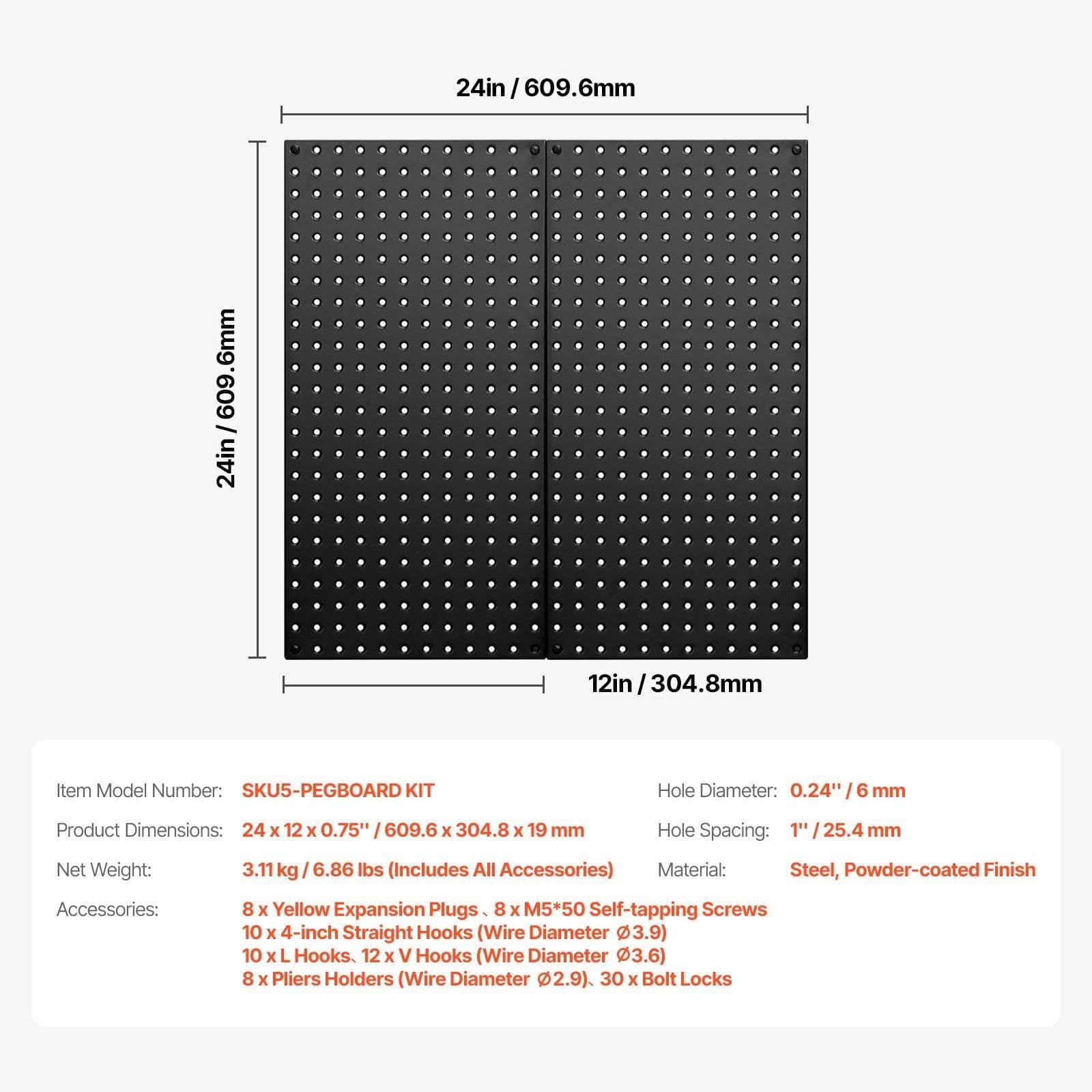 image-VEVOR Metal Pegboard Panels, 24" x 12" Pegboard, 2 Panels, Heavy Duty Peg Board Wall Organizer with Accessories, for Living Room Garage Tool Storage Office Organization Craft Room Kitchen Home, Black