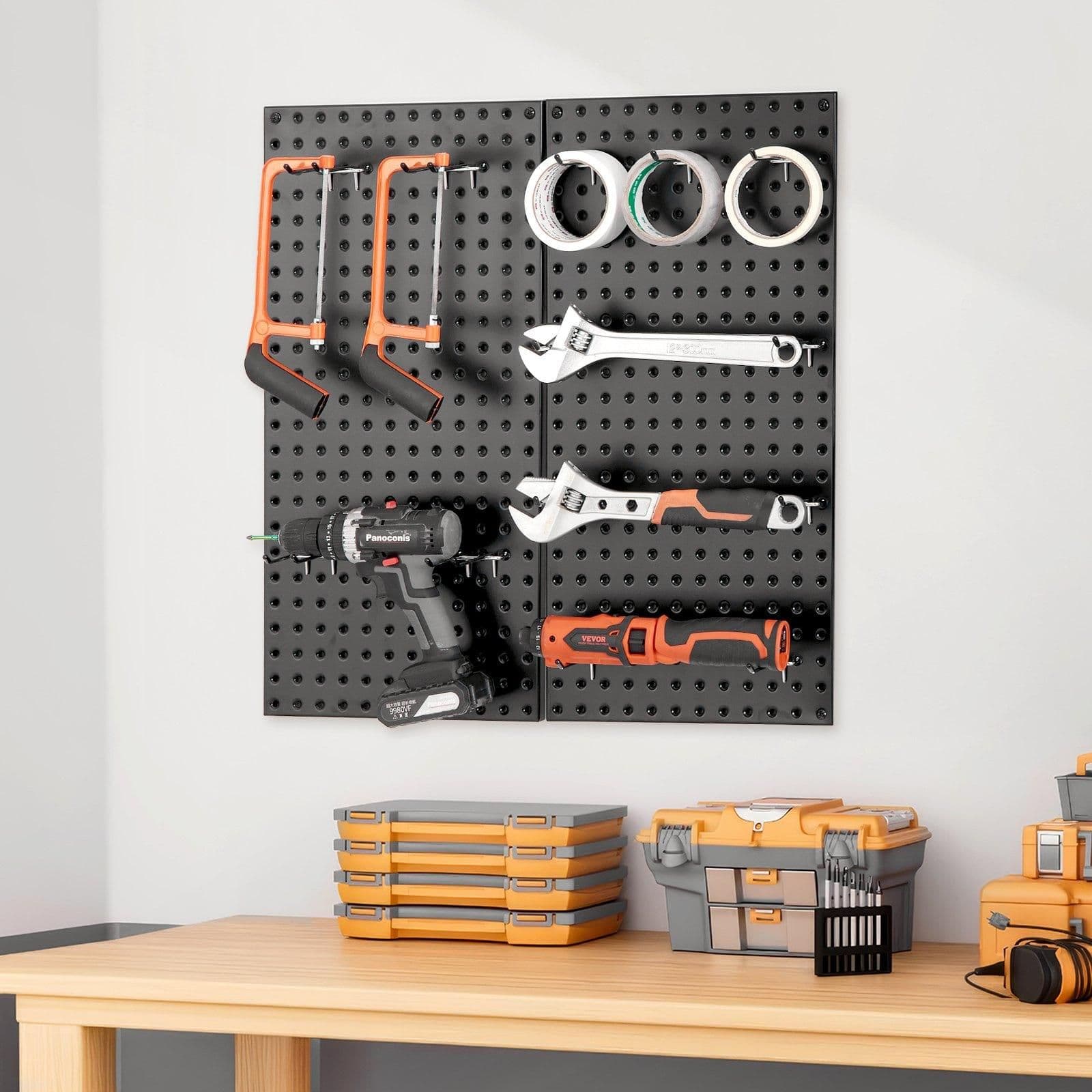 image-VEVOR Metal Pegboard Panels, 24" x 12" Pegboard, 2 Panels, Heavy Duty Peg Board Wall Organizer with Accessories, for Living Room Garage Tool Storage Office Organization Craft Room Kitchen Home, Black