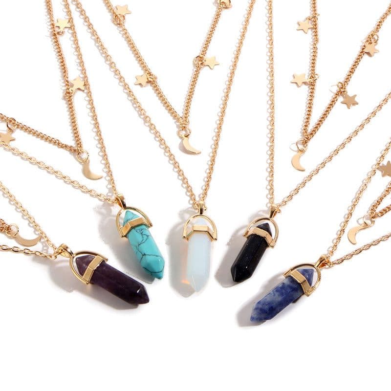 image-European and American cross-border new products Fashionable and simple star and moon hexagonal pillar pendant necklace Temperament popular multi-layer necklace