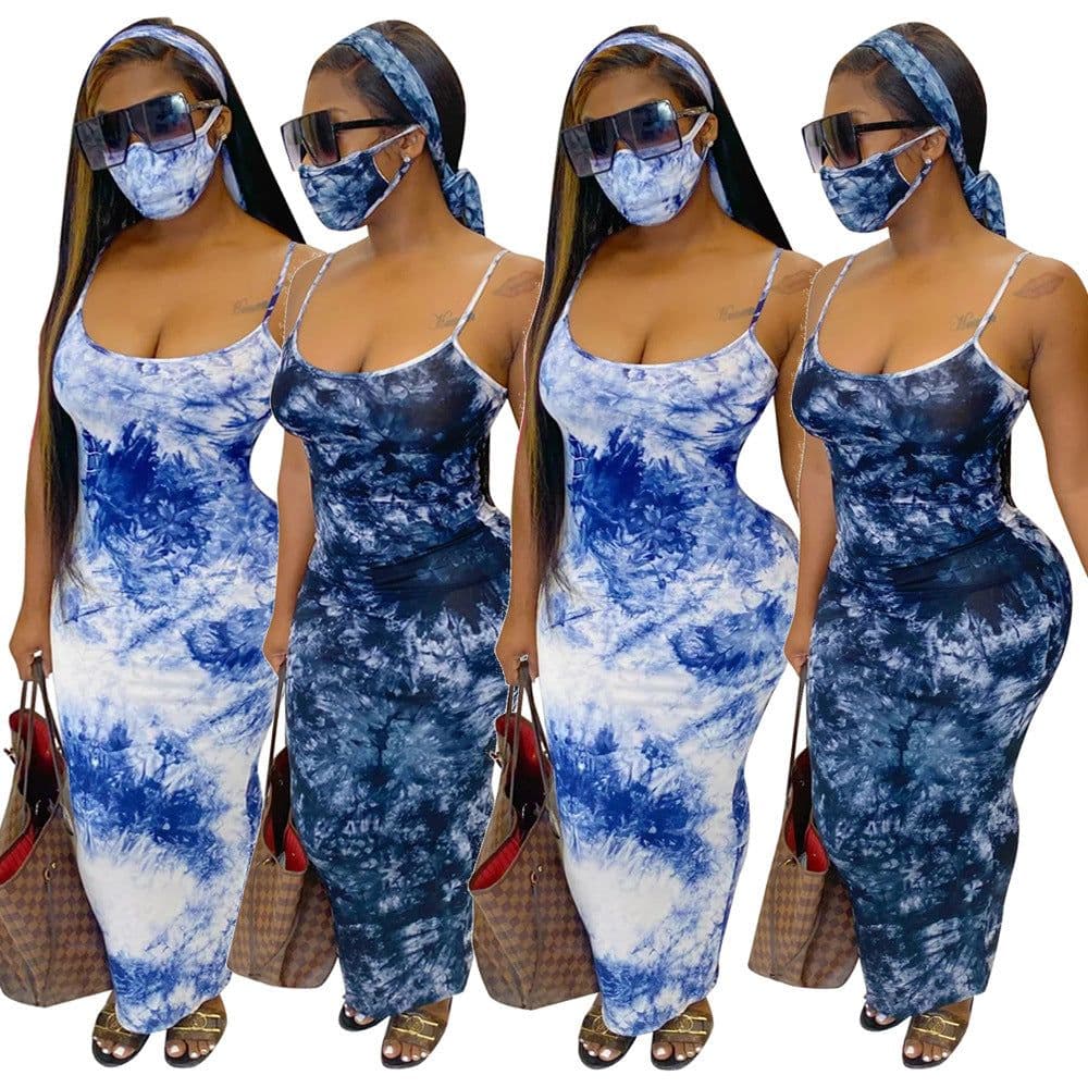 image-JH 176 Amazon cross-border foreign trade new fashion sexy printed suspender dress with mask headscarf
