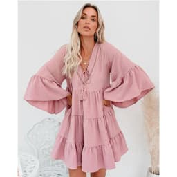 image-Cross-Border Foreign Trade 2020 Autumn and Winter Solid Color Lazy Tassel Tied V-neck Bell Sleeve Loose Lotus Leaf Dress