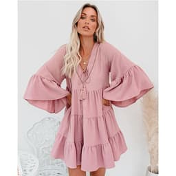 image-Cross-Border Foreign Trade 2020 Autumn and Winter Solid Color Lazy Tassel Tied V-neck Bell Sleeve Loose Lotus Leaf Dress