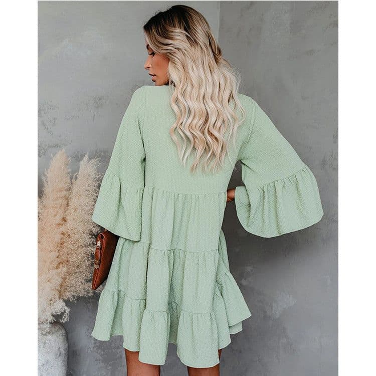 image-Cross-Border Foreign Trade 2020 Autumn and Winter Solid Color Lazy Tassel Tied V-neck Bell Sleeve Loose Lotus Leaf Dress