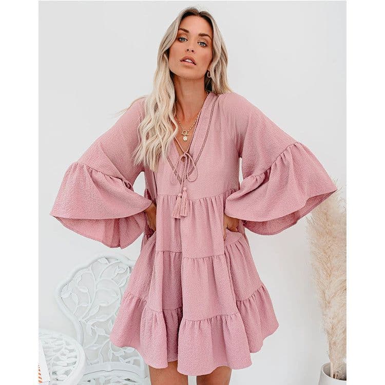 image-Cross-Border Foreign Trade 2020 Autumn and Winter Solid Color Lazy Tassel Tied V-neck Bell Sleeve Loose Lotus Leaf Dress