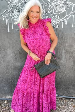 image-Leopard Print Ruffled Tiered Maxi Dress - Rose Red - Elegant Flutter Sleeves