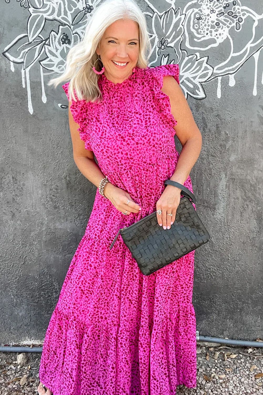 image-Leopard Print Ruffled Tiered Maxi Dress - Rose Red - Elegant Flutter Sleeves