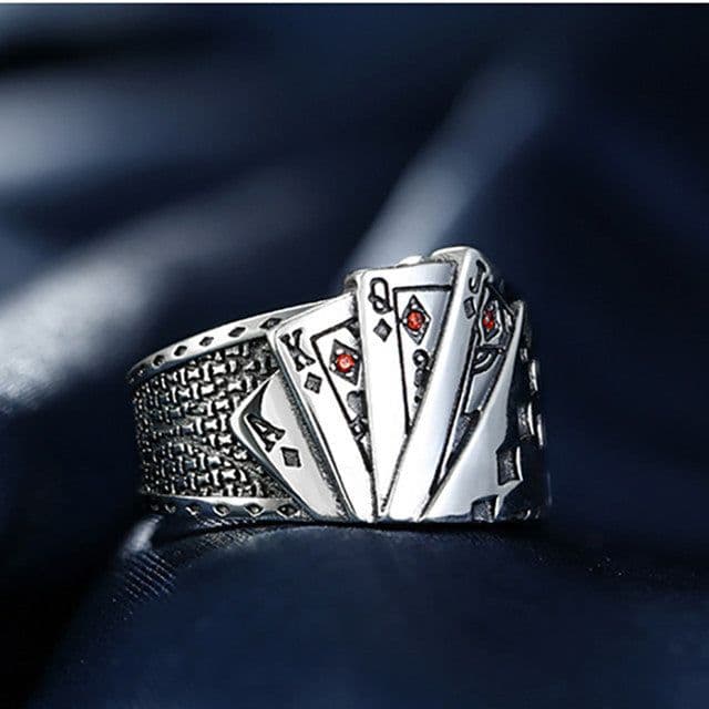 image-European and American fashion retro open ring men and women ins poker card God of gambling exaggerated ring made old Thai silver jewelry