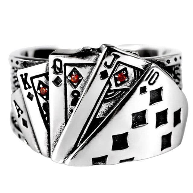 image-European and American fashion retro open ring men and women ins poker card God of gambling exaggerated ring made old Thai silver jewelry