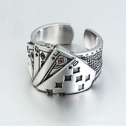 image-European and American fashion retro open ring men and women ins poker card God of gambling exaggerated ring made old Thai silver jewelry