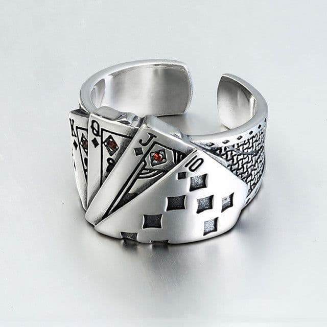 image-European and American fashion retro open ring men and women ins poker card God of gambling exaggerated ring made old Thai silver jewelry