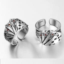 image-European and American fashion retro open ring men and women ins poker card God of gambling exaggerated ring made old Thai silver jewelry
