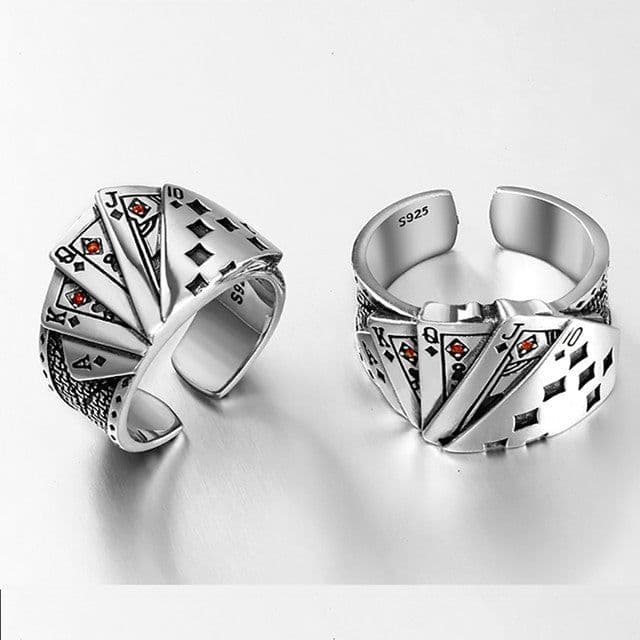 image-European and American fashion retro open ring men and women ins poker card God of gambling exaggerated ring made old Thai silver jewelry