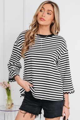 image-Sachet Pink Striped Print Drop Shoulder Lace Trim Bracelet Sleeve Loose Top