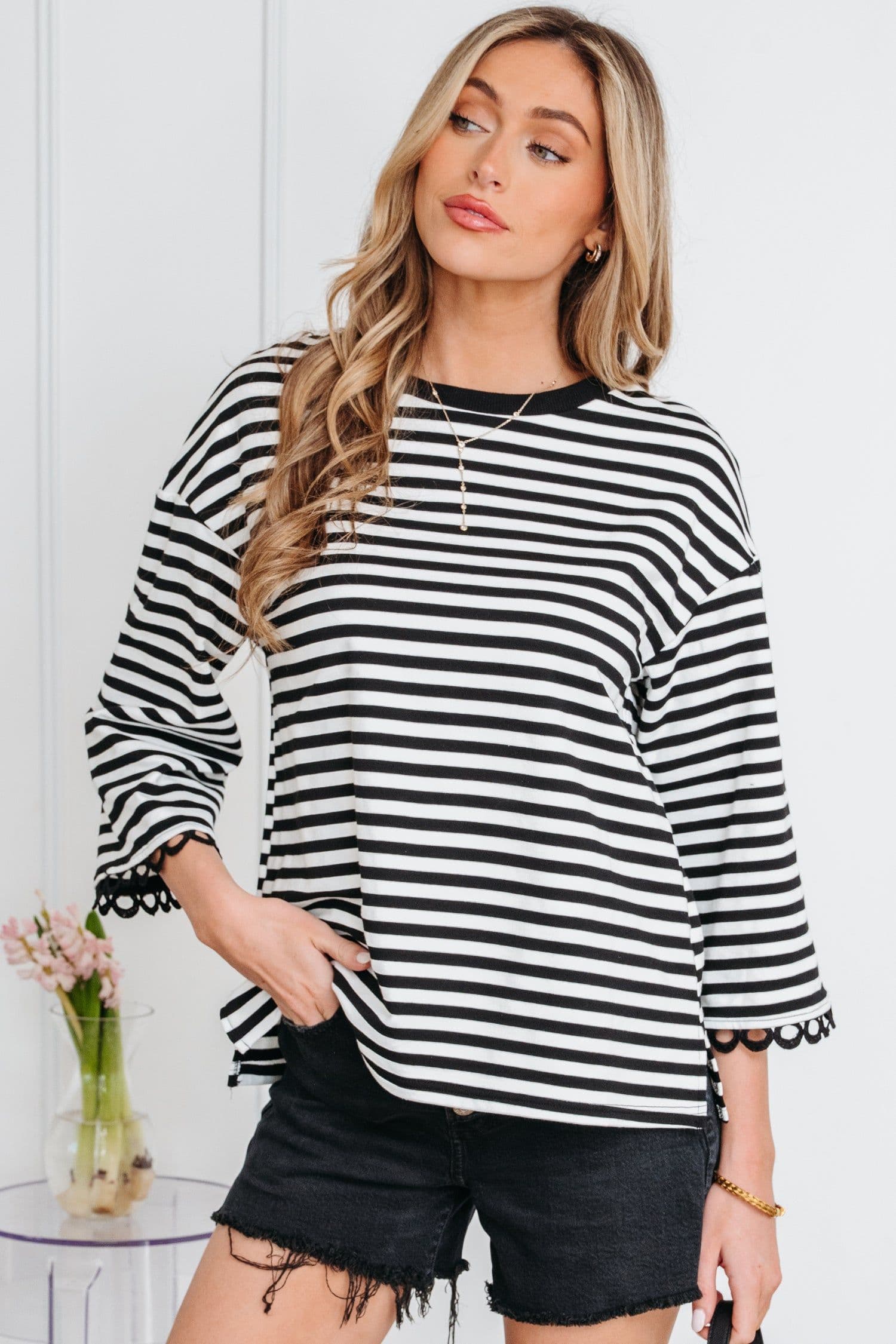 image-Sachet Pink Striped Print Drop Shoulder Lace Trim Bracelet Sleeve Loose Top