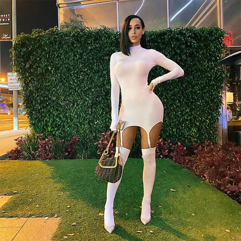 image-Foreign trade women's clothing 2020 autumn AliExpress new solid color long-sleeved high-neck slim fit hip sexy hook socks dress