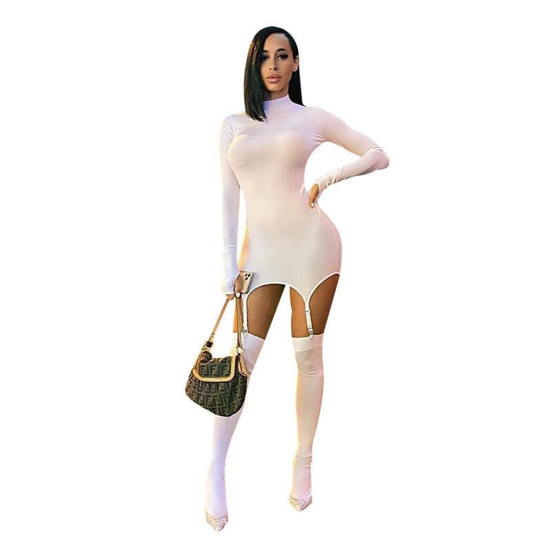 image-Foreign trade women's clothing 2020 autumn AliExpress new solid color long-sleeved high-neck slim fit hip sexy hook socks dress