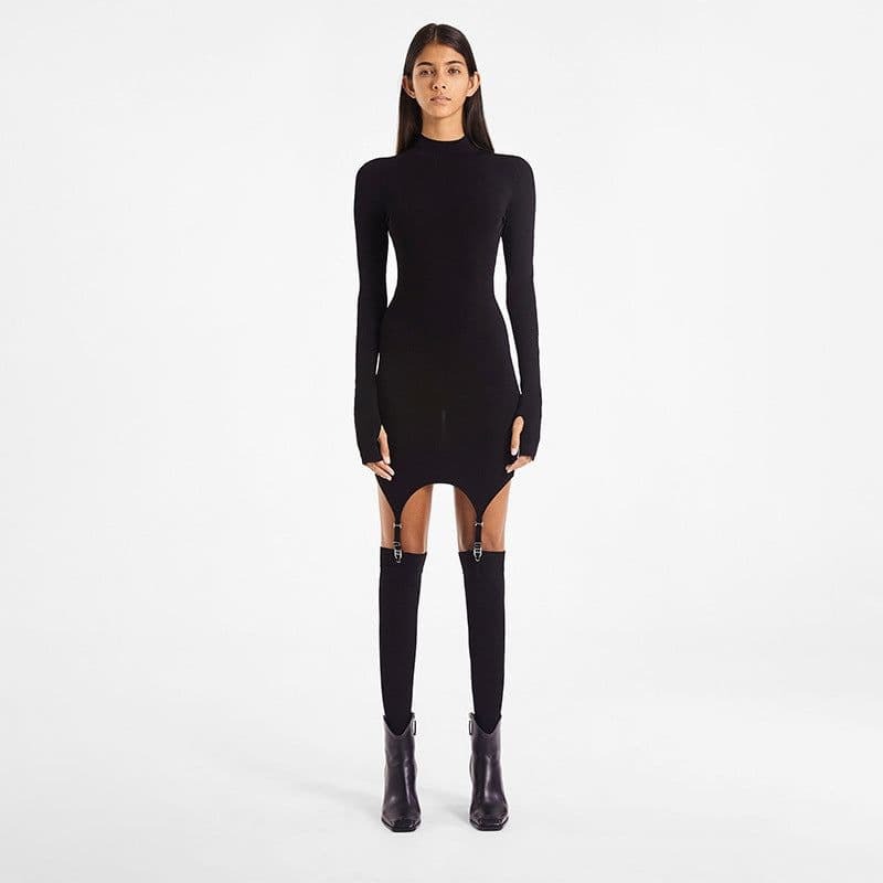 image-Foreign trade women's clothing 2020 autumn AliExpress new solid color long-sleeved high-neck slim fit hip sexy hook socks dress