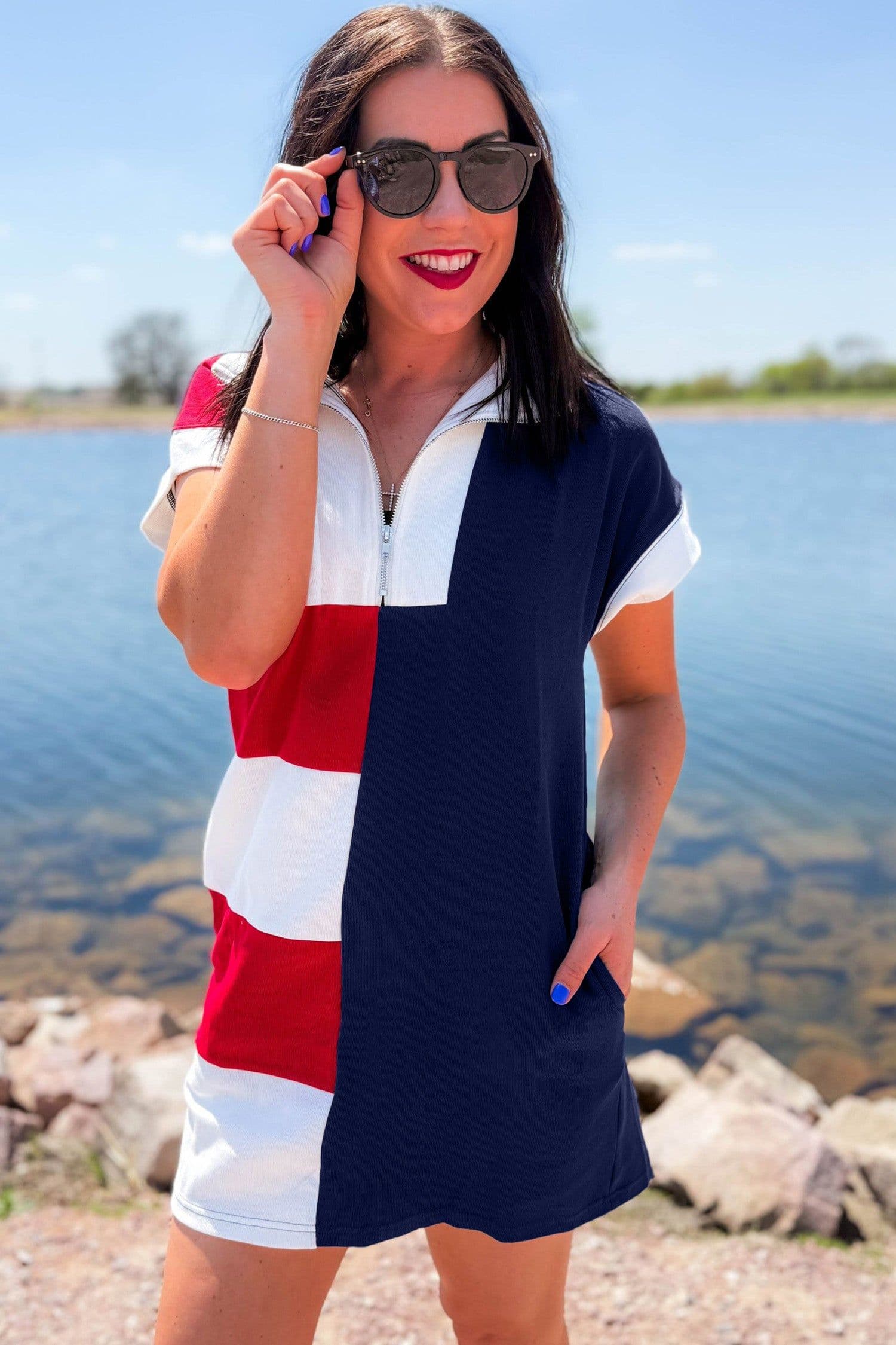 image-Navy Blue Americana Colorblock Stripes Zip up Collared T Shirt Mini Dress