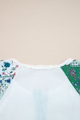 image-White Mesh Patched Color Block Half Button Blouse