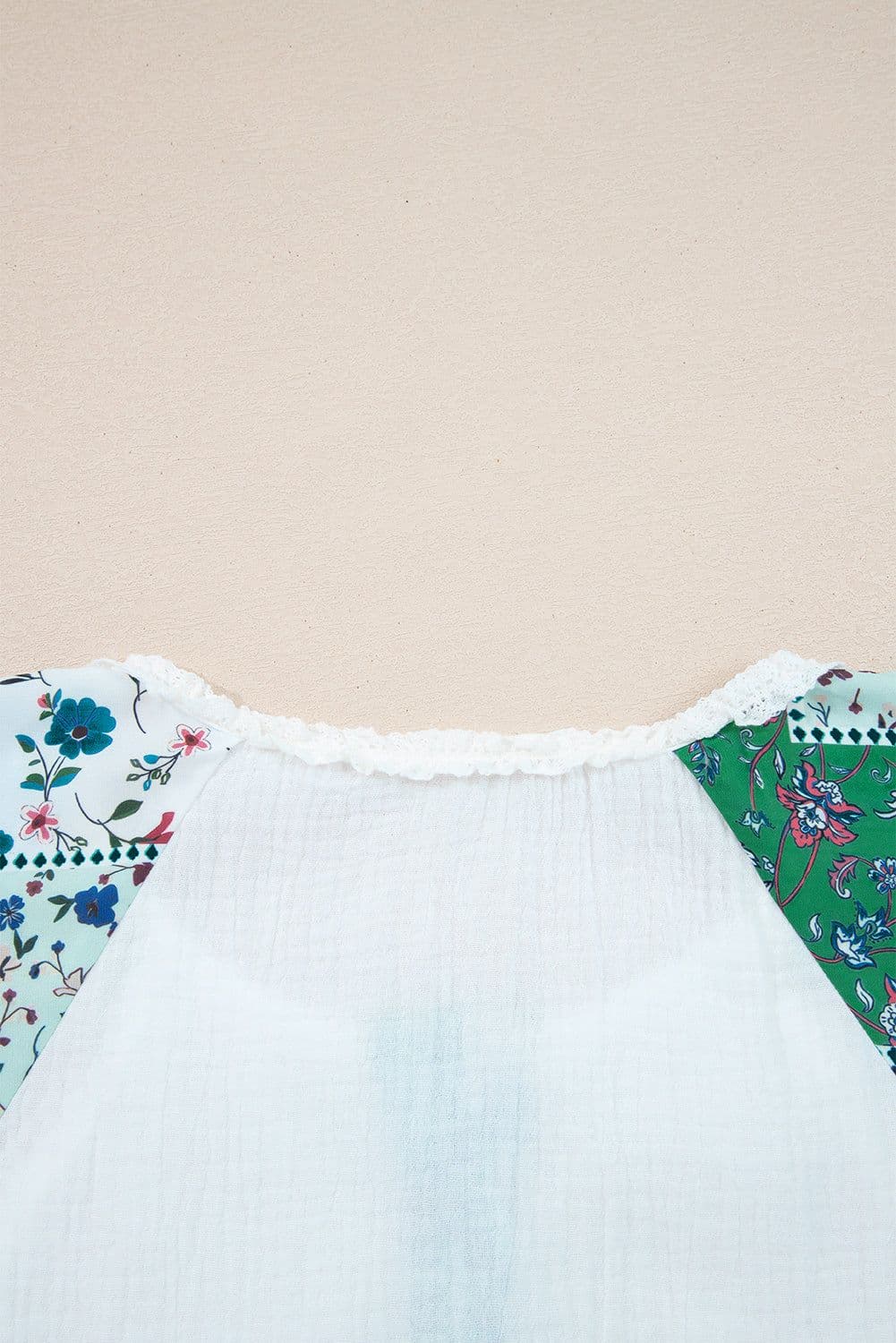 image-White Mesh Patched Color Block Half Button Blouse