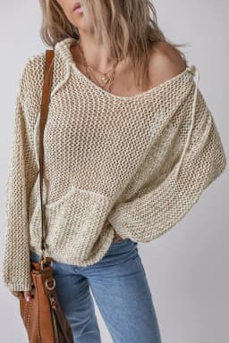 image-Jet Stream Hollow-out Kangaroo Pocket V Neck Hooded Sweater