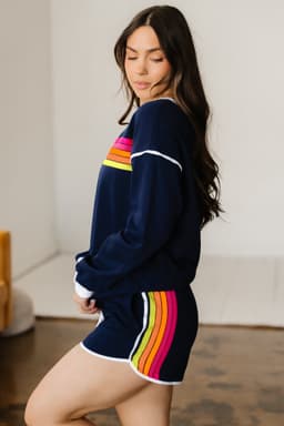 image-Bluing Colorful Striped Accent Varsity Long Sleeve Pullover and Shorts Matching Set
