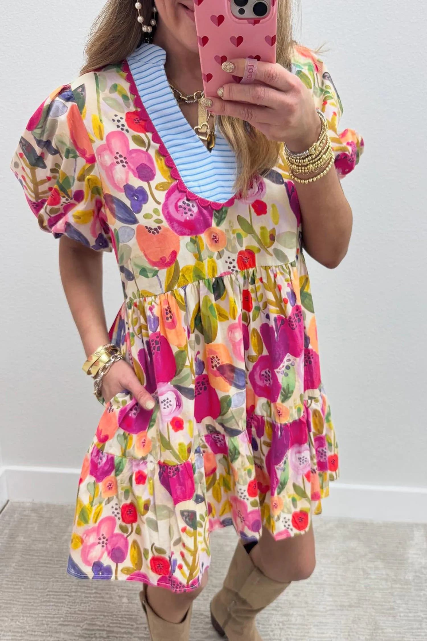 image-Rose Bright Floral Print Ricrac Trim Striped Patchwork V Neck Dress