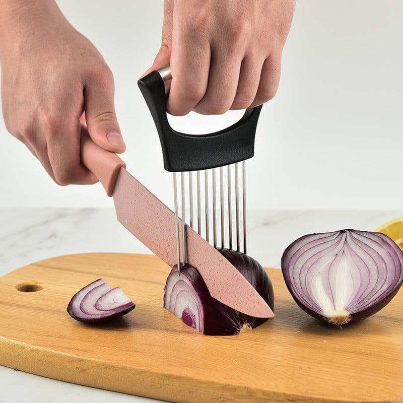 image-Cross-border stainless steel onion needle slicer meat tenderizer loose meat color boxed onion cutting vegetable and fruit holder kitchen