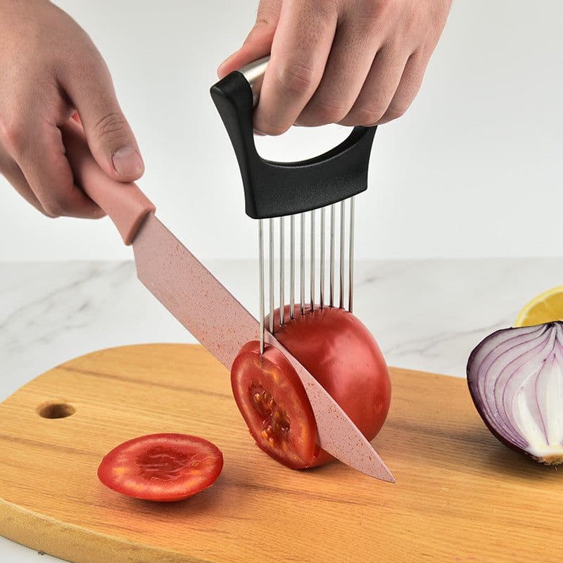 image-Cross-border stainless steel onion needle slicer meat tenderizer loose meat color boxed onion cutting vegetable and fruit holder kitchen