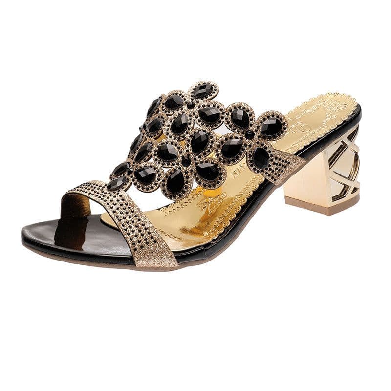 image-Large size rhinestone slippers female 2021 summer new style Korean fish mouth high heel thick heel outer wear hot diamond mother shoes slippers