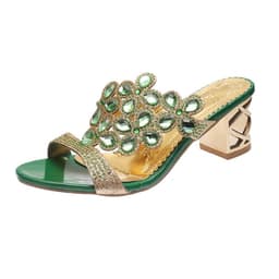 image-Large size rhinestone slippers female 2021 summer new style Korean fish mouth high heel thick heel outer wear hot diamond mother shoes slippers