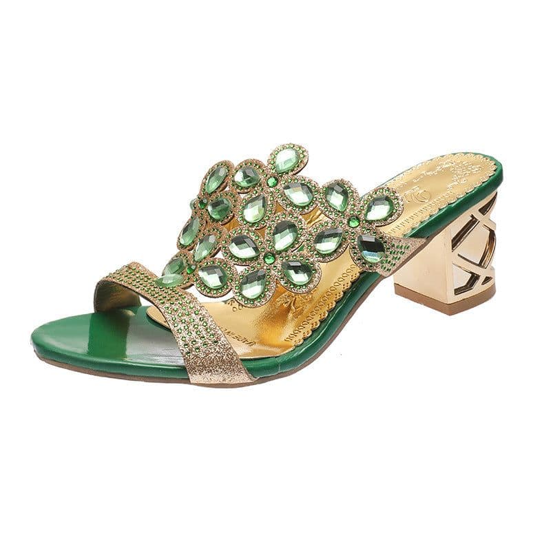 image-Large size rhinestone slippers female 2021 summer new style Korean fish mouth high heel thick heel outer wear hot diamond mother shoes slippers