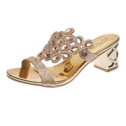 image-Large size rhinestone slippers female 2021 summer new style Korean fish mouth high heel thick heel outer wear hot diamond mother shoes slippers