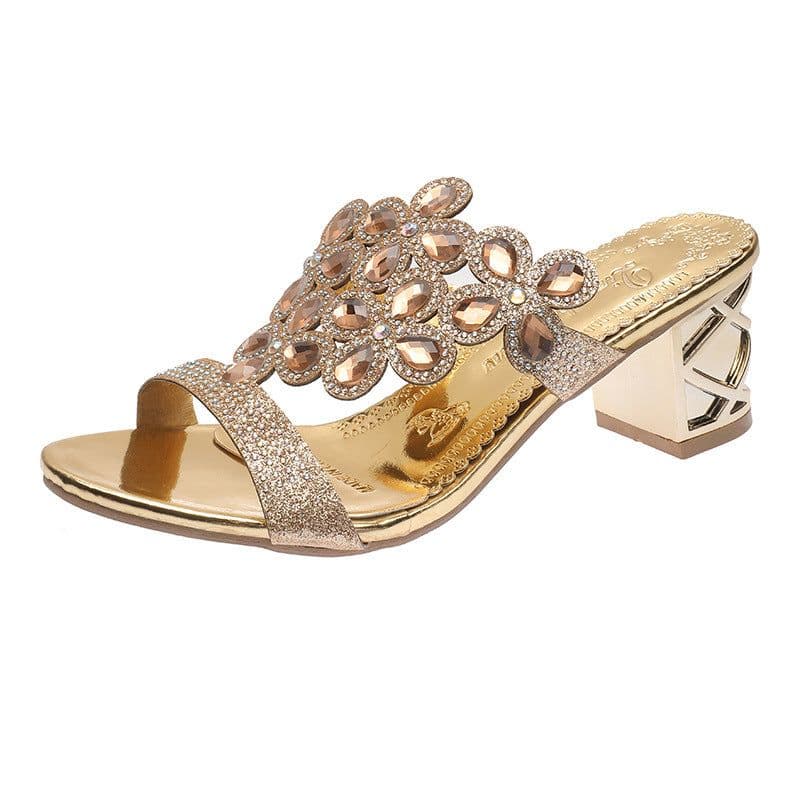 image-Large size rhinestone slippers female 2021 summer new style Korean fish mouth high heel thick heel outer wear hot diamond mother shoes slippers