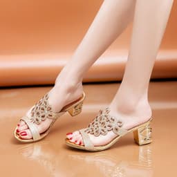 image-Large size rhinestone slippers female 2021 summer new style Korean fish mouth high heel thick heel outer wear hot diamond mother shoes slippers
