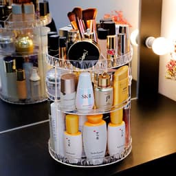 image-Cosmetic box desktop rack, skin care product storage rack, round plastic cosmetic storage box